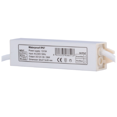 DC12V3A-IP67 Power supply   DC 12 V Output, 3 A   AC output 230V 50Hz   Weatherproof IP67 