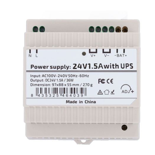 DC24V1A5-DIN-UPS-P, Napajanje, DC izlaz 24V 1.5A / 36W, Ulazni izmjenični napon 100 V ~ 240 V 50 Hz