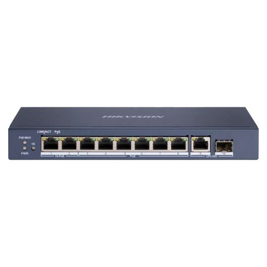 DS-3E0510HP-E, Hikvision Hi, PoE prekidač, 8 PoE portova + 1 Uzlazna veza RJ45 + 1 SFP Uzlazna veza
