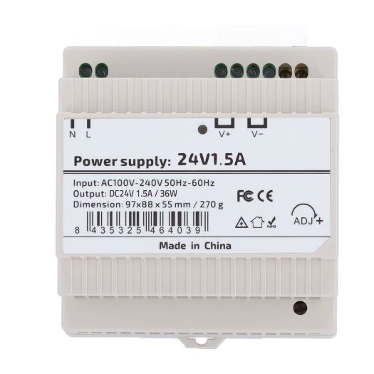DC24V1A5-DIN-P, Napajanje, DC izlaz 24V 1.5A / 36W, Ulazni izmjenični napon 100 V ~ 240 V 50 Hz
