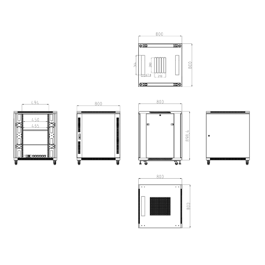 RACK-18UFN-8D8W Rack floor cabinet   Up to 18U rack of 19"(800*800)   Up to 800 kg load 