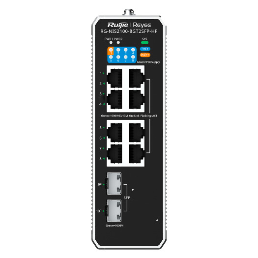 RG-NIS2100-8GT2SFP-HP Reyee Industrial  Switch PoE Cloud Layer 2   8 Gigabit ports + RJ45+ Gigabit SFP ports 