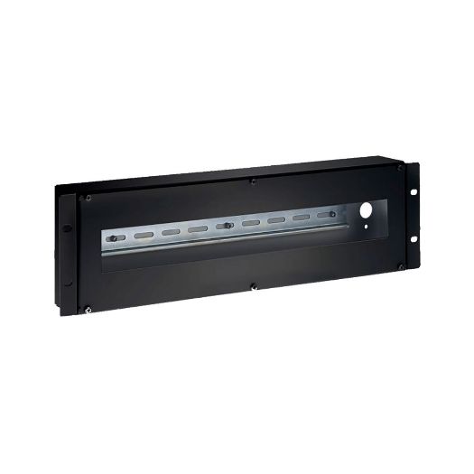 RACK-DINRAIL-3U, 19" Rack ploča, S tračnica, Veličina 3U, Stražnji ulaz za ožičenje, Crna boja