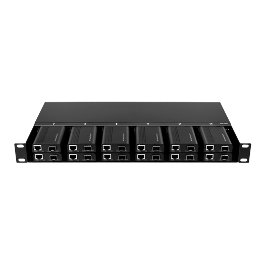 RACK-1U12MC-AC220D Metallic chassis   For racking up to:   12 Media Converters 