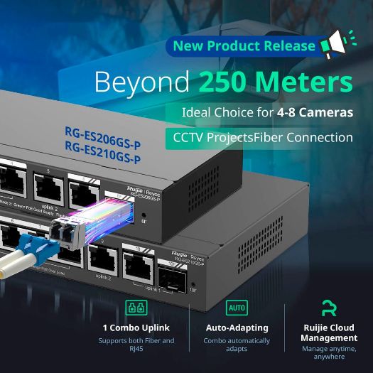 RG-ES206GS-P, Reyee PoE oblačni preklopnik, 4 PoE Portovi + 2 Porta Rj45 + 1 SFP Kombinirani portovi