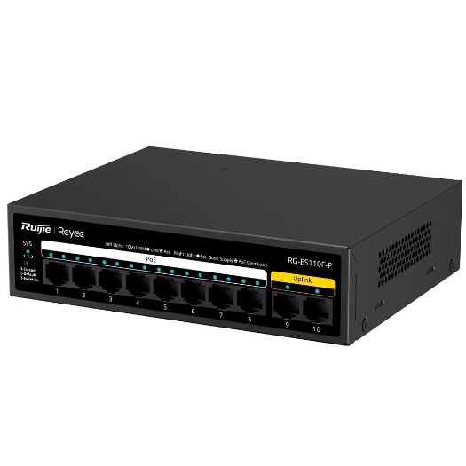 RG-ES110F-P, Reyee PoE stolni preklopnik, Metalno kućište, 8 RJ45 portova 10/100 Mbps PoE+ 802.3af/at