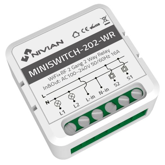 NVS-MINISWITCH-202-WR, Inteligentni relej s 2 linije, WiFi 2,4 GHz IEEE802.11 b/g/n