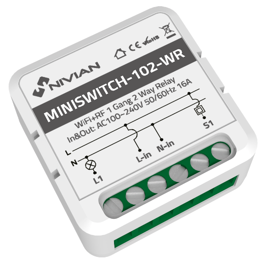 NVS-MINISWITCH-102-WR Intelligent relay of 1 Line   WiFi 2.4 GHz IEEE802.11 b/g/n 