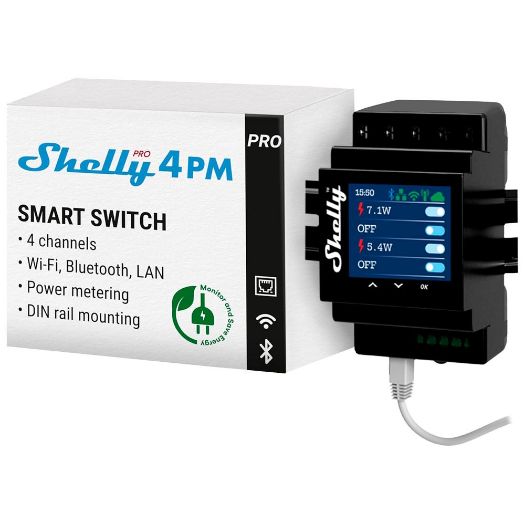 SH-PRO-4PM, Shelly Pro 4PM, WiFi 2.4 GHz IEEE802.11 b/g/n / Bluetooth, Inteligentni prekidač za DIN šinu