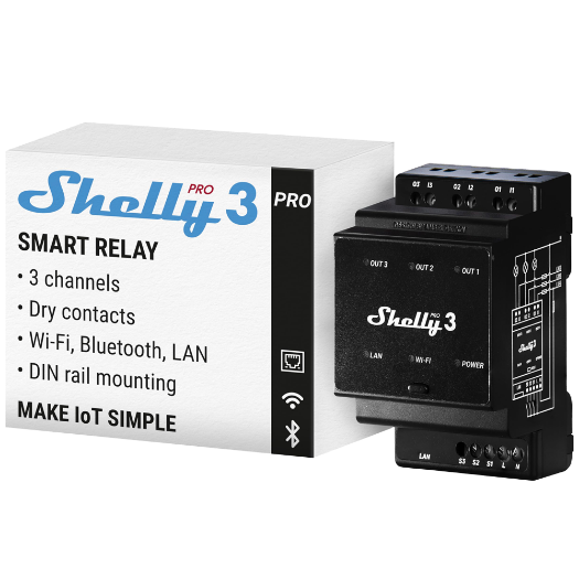 SH-PRO-3 Shelly Pro 3   WiFi 2.4 GHz IEEE802.11 b/g/n / Bluetooth    DIN rail intelligent switch 