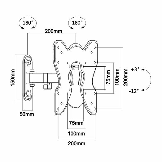 TVM-432, Podrška s rukom, Podržana težina 25Kg, VESA 200x200 mm, Udaljenost od zida 65mm