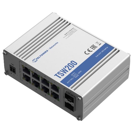 TK-TSW200, Teltonika Industrijska Neupravljiva PoE Industrijska Prekidačica, 8 Ethernet RJ45 Gigabit + 2 SFP Gigabit porta