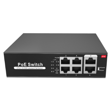 SW0604POE-65-E PoE Switch   4 PoE port(s) + 2 Up link port(s)   Speed up to 100 Mbps on all ports 