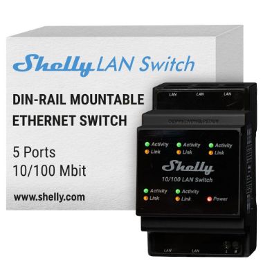SH-LAN-SWITCH, Shelly LAN prekidač, Montaža na DIN, 5 RJ45 portova, Podržava 110V