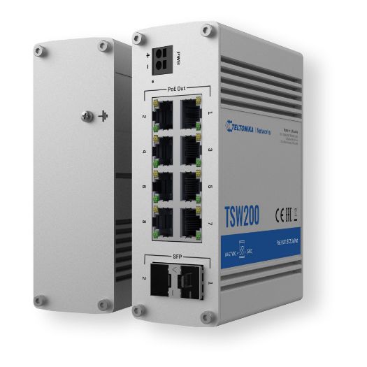 TK-TSW200, Teltonika Industrijska Neupravljiva PoE Industrijska Prekidačica, 8 Ethernet RJ45 Gigabit + 2 SFP Gigabit porta