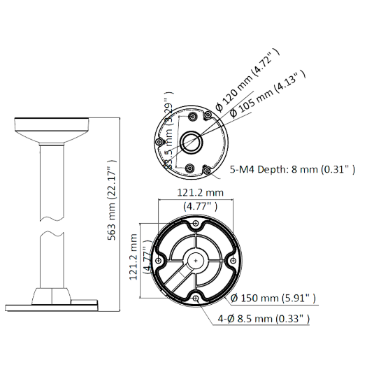 DS-1271ZJ-120-CRNI, Stropni nosač, Visina 573 mm x 150 (O) mm, Pogodno za vanjsku upotrebu 