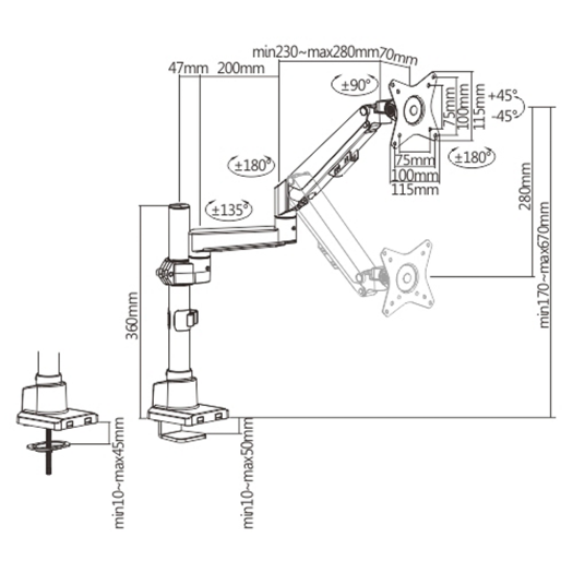 LDT62-C012P, monitor arm, montaža na stol, maksimalno opterećenje 9 kg, nagib 