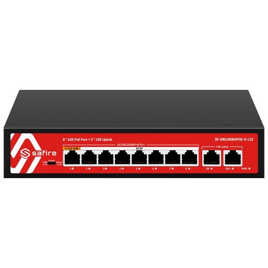 SF-SW1008HIPOE-G-115, Safire Switch Hi, PoE, 8 PoE port(ovi) + 2 gore, priključak(ovi) za povezivanje