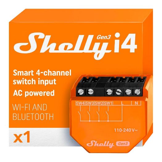 SH-I4-GEN3, Shelly i4 treće generacije, WiFi 2.4 GHz IEEE802.11 b/g/n / Bluetooth, Inteligentni prekidač
