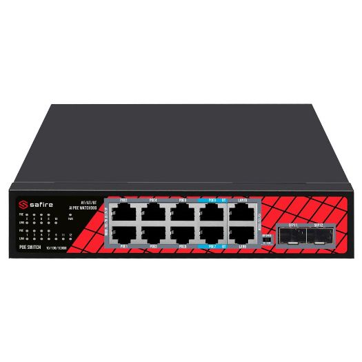 SF-SW1208HIPOE-GMF-120, Safire Switch Hi, PoE, 8 PoE portova + 2 SFP + 2 RJ45