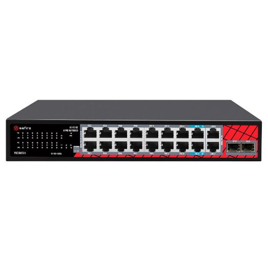 SF-SW2016HIPOE-GMF-240, Safire Switch Hi, PoE, 16 PoE portova + 2 SFP + 2 RJ45