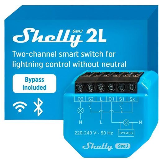 SH-2L-GEN3, Shelly 2L Gen3, WiFi 2.4 GHz IEEE802.11 b/g/n / Bluetooth, Pametni prekidač / Bez neutralnog
