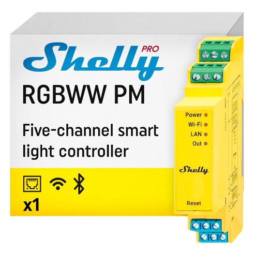 SH-PRO-RGBWW-PM, Shelly Pro RGBWW PM, WiFi 2.4 GHz IEEE802.11 b/g/n / Bluetooth / Lan